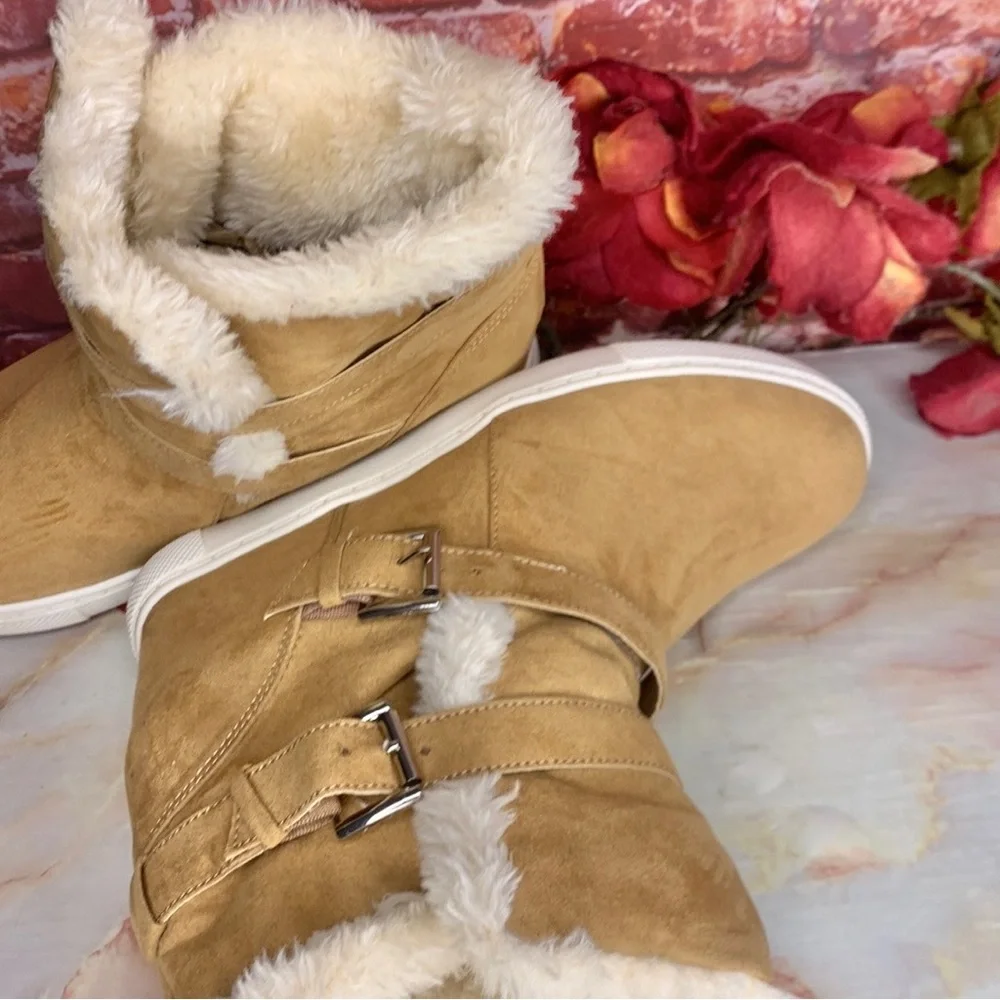 Madden NYC Tan Suede Faux Fur Peytonn Wedge Ankle Boots